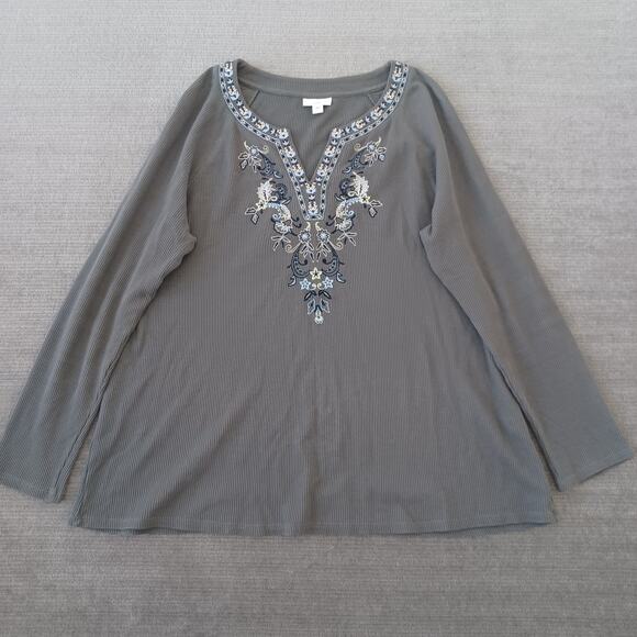 J Jill Top Women L Green Thermal Waffle Embroidery Minimal‎ V Neck Casual - Picture 9 of 9